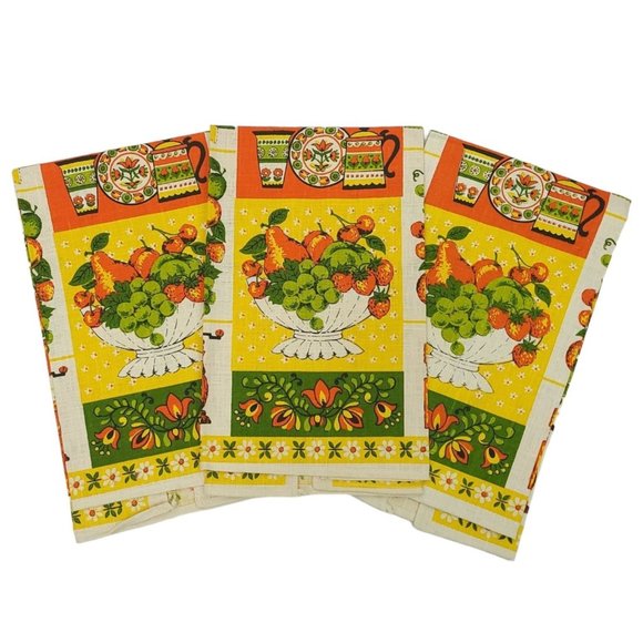 Parisian Prints Tea Towel Fruit Bowl Floral Kettle All Pure Linen NOS Lot of 3 - Picture 2 of 9